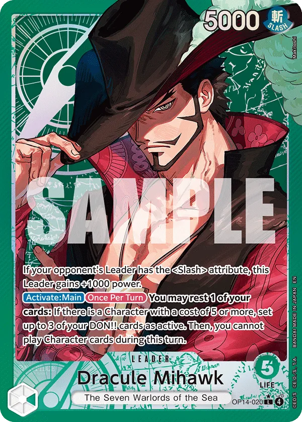 Dracule Mihawk leader card, OP14-020
