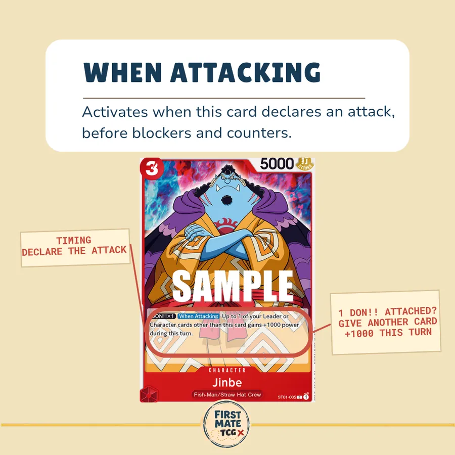Rookie Glossary slide: When Attacking, on Jinbe (ST01-005).